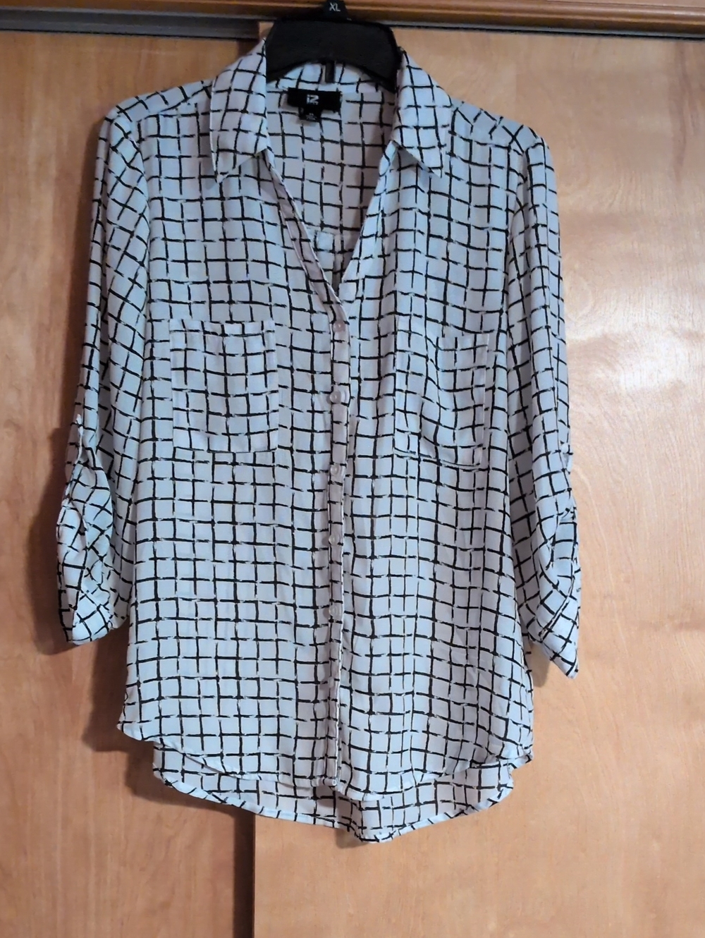 Iz Byer White Button-Down Shirt with Black Grid